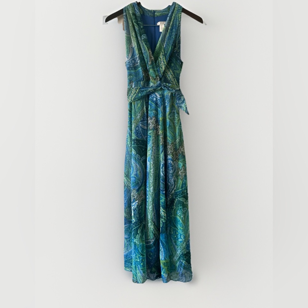 London Times Blue Green Babydoll‎ Maxi Dress Sz 4 Abstract Y2K Mermaidcore